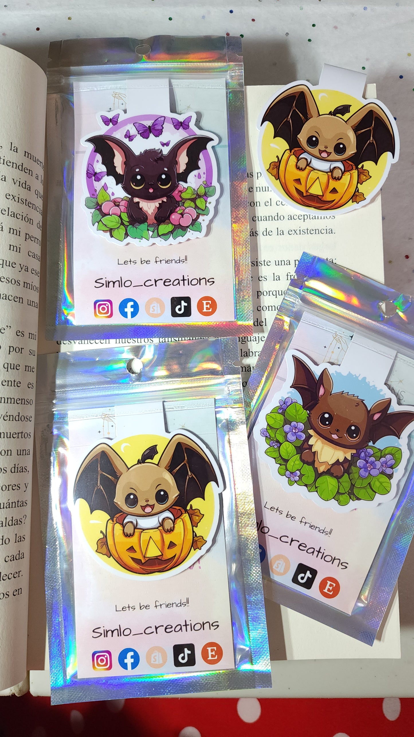 Halloween themed magnetic bookmark. Baby bat with butterflies. Book accesories. Cute magnetic bookmark. Page marker. Handmade gift. Bookmark